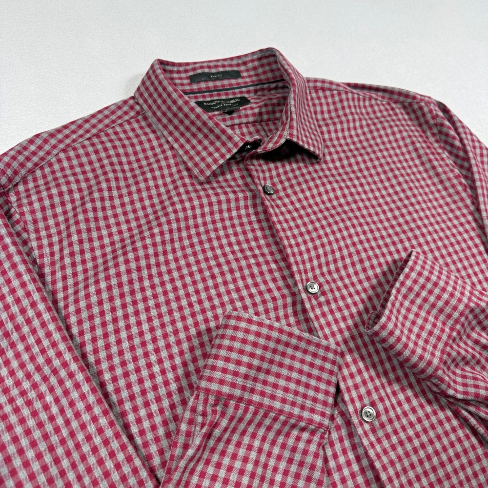 Banana Republic Slim Fit Wrinkle Resistant Gingham Shirt Mens L Tall Red Grey